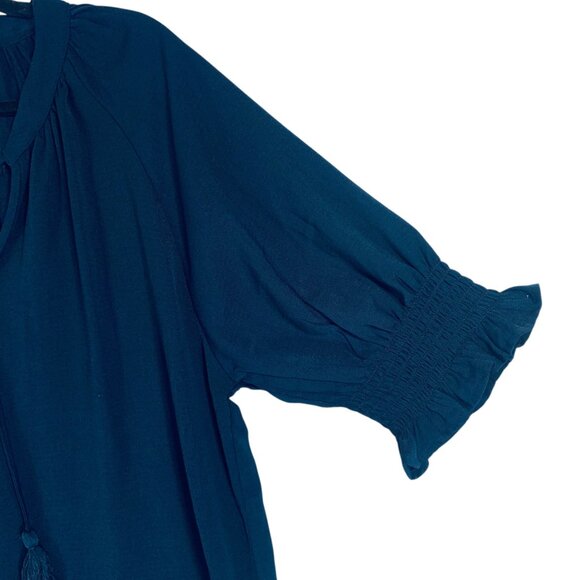 boho puff sleeve 3/4 length ruffled collar string tie blouse dark navy sz xl - Picture 6 of 15